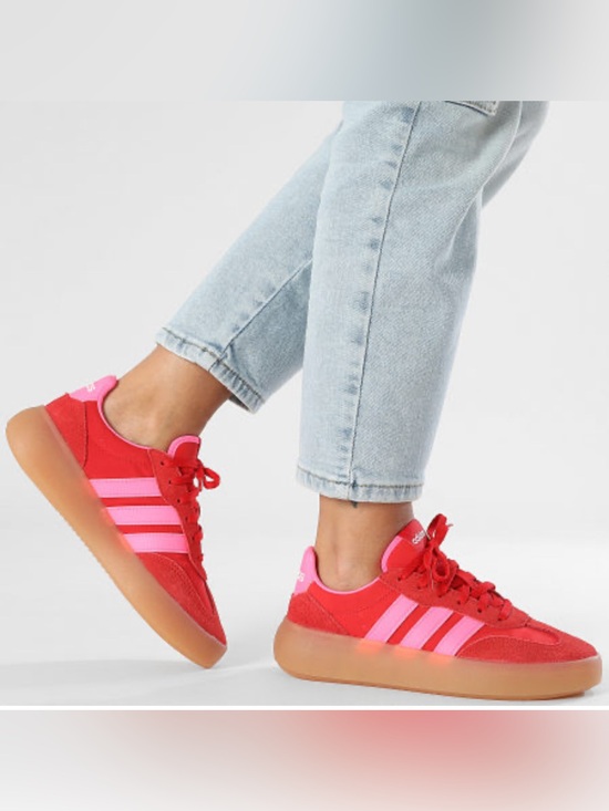 adidas Shoes - adidas Red Suede Sneakers with Pink Three Stripes